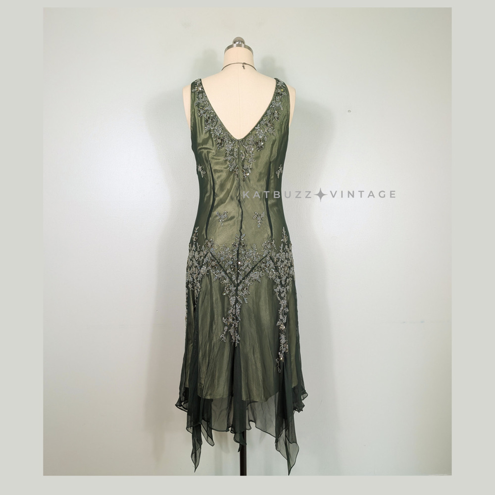 Vintage Scala Midi Dress Cocktail Gown XL Green Silk Bead Gatsby Fairy Grunge - Picture 2 of 16